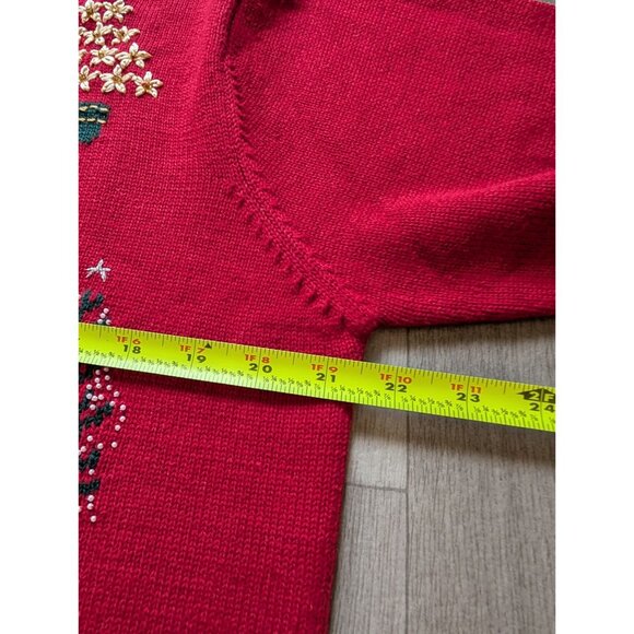 Vintage Talbots Red Christmas Cardigan Sweater Embroidered Trees Beaded Womens M - Picture 11 of 11